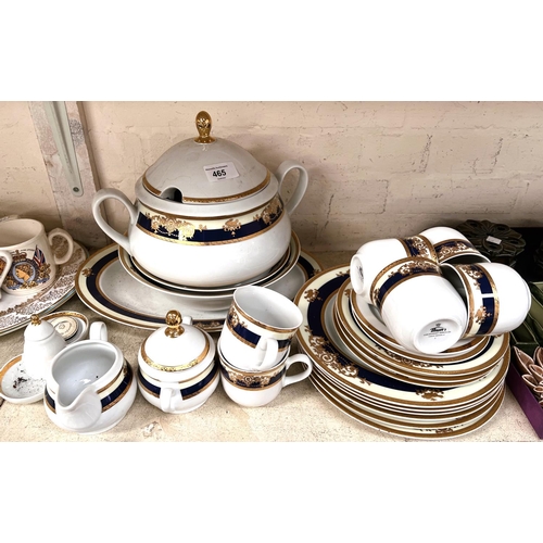 466 - A modern continental part dinner service with large tureen etc in blue and gilt