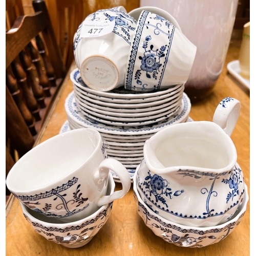 477 - A Johnson Bros Indies part tea service, blue and white pattern; an Old Foley cake plate and server