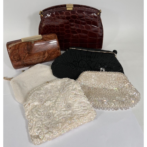 659H - 4 fancy beaded evening bags; a marble effect small clutch bag; a vintage reptile skin handbag