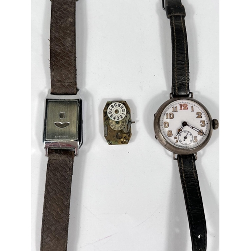 667B - An early 20th century silver cased French watch with enamel dial Arabic numerals leather strap with ... 