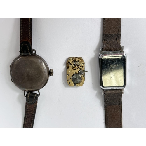 667B - An early 20th century silver cased French watch with enamel dial Arabic numerals leather strap with ... 