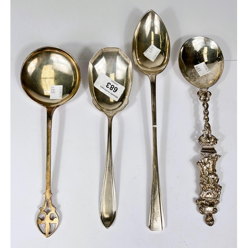 683 - Three large silver spoons/servers, various dates; an anointing spoon with UK import marks, 13oz