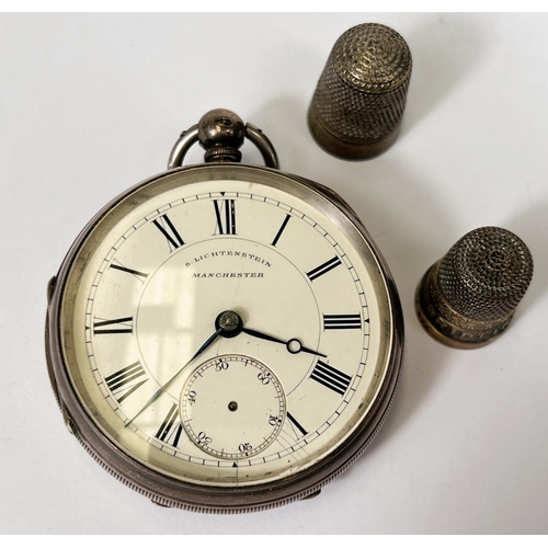 713B - A hallmarked silver pocket watch, white dial, Roman numerals, seconds hand missing, S Kichtenstein, ... 