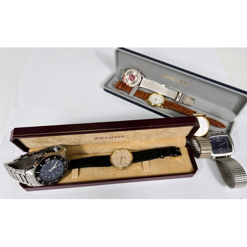 717 - A Zenith, 9ct gold case, quartz wristwatch with British Aerospace engraving to back on original stra... 