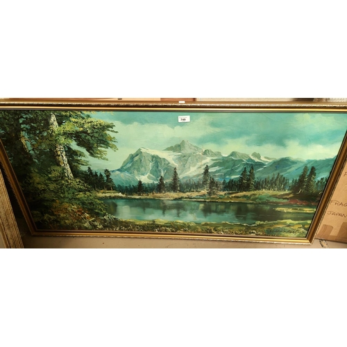 749 - M Hudson:  Mountainous landscape with lake, oil on canvas, signed, 57 x 117cm, framed and glaze... 