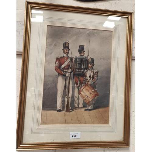 750 - 2 19th century soldiers and a drummer boy, watercolours, unsigned 35 x 25cm framed and glazed and 2 ... 