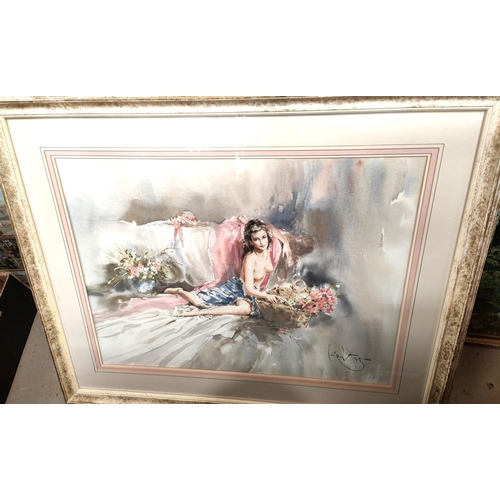 781 - Gordon King:  semi-clad young woman with flowers, watercolour, signed, 50 x 68cm, framed and glazed