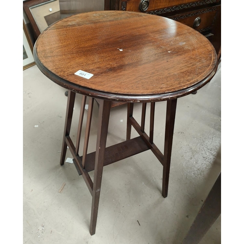 801 - A Mahogany circular inlaid table with Arts and Crafts style base and another oak drop leaf table