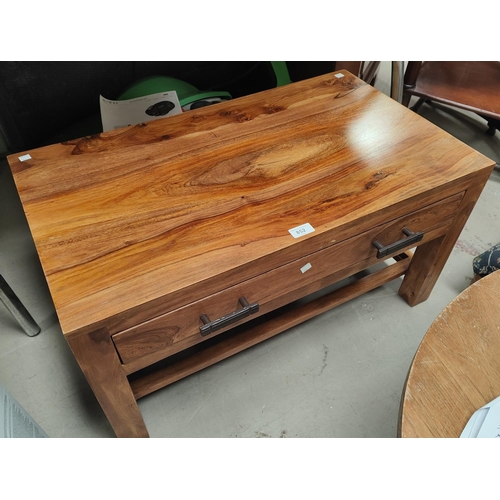 852 - A modern hardwood coffee table with draw beneath and shelf bellow, length 78cm