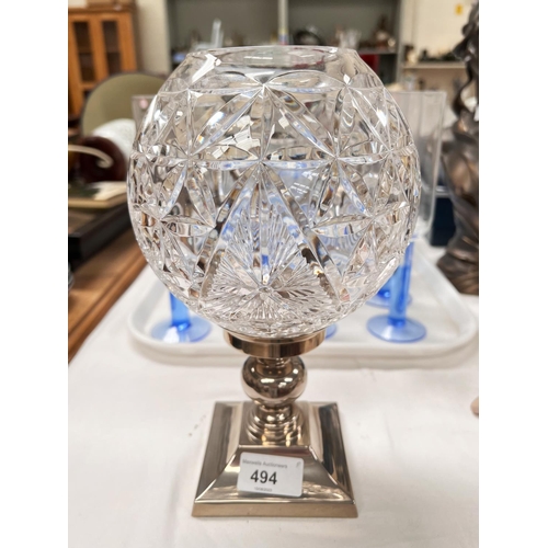 494 - A Waterford crystal cut glass light bowl on a square silver plated candle stick.