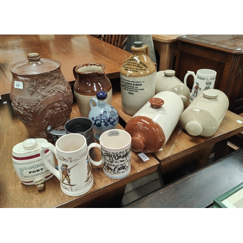 469 - A selection of stoneware barrels, jugs, similar cups etc