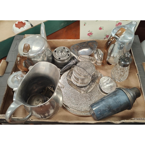 57A - A silver plated cocktail shaker, pewter inkwell; other similar metalware