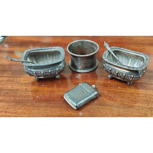 670A - A hallmarked silver vesta case, 2 hallmarked silver salt cruets and a napkin ring