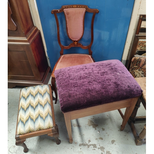 865A - A mahogany inlaid piano stool; an inlaid bedroom chair and another stool