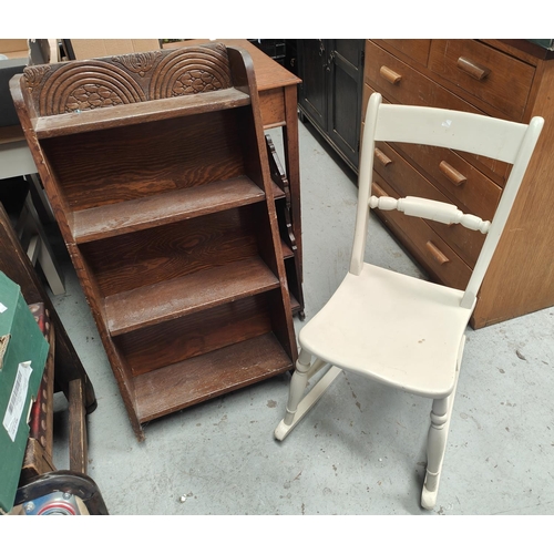 865B - An oak bookcase, a pine square table and a painted rocking chair