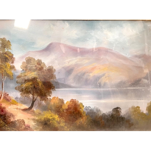 764 - 19th century lake scene and landscape with trees, oil on card, unsigned, 29 x 45cm, framed and glaze... 