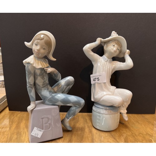 475 - Two Lladro figures, Harlequin on cube seat and a girl trying on hat