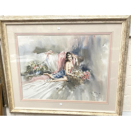 781 - Gordon King:  semi-clad young woman with flowers, watercolour, signed, 50 x 68cm, framed and glazed