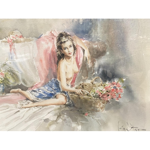 781 - Gordon King:  semi-clad young woman with flowers, watercolour, signed, 50 x 68cm, framed and glazed