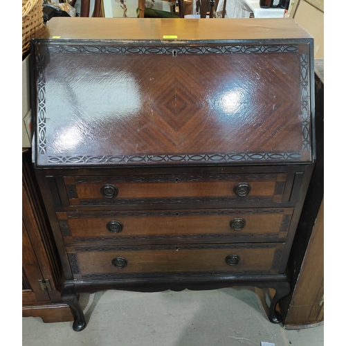 930 - An early 20th century period style mahogany bureau with fall front and 3 drawers, on cabriole legsNo... 