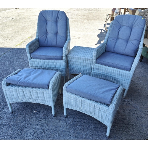 1045 - A Bramblecrest turquoise garden/conservatory set with two chairs, two foot rests and a table