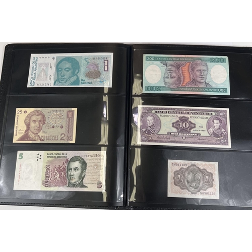 139 - A collection of 54 foreign banknotes in an album: Brazilian/Venezuelan, Indonesian, etc.