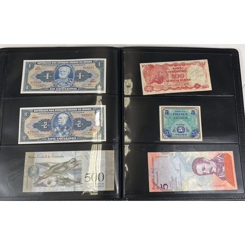 139 - A collection of 54 foreign banknotes in an album: Brazilian/Venezuelan, Indonesian, etc.