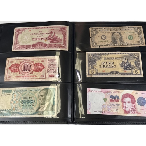 140 - A collection of 60 foreign banknotes in an album: Argentina, Brazil, Turkey, Japan, etc.