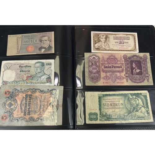 140 - A collection of 60 foreign banknotes in an album: Argentina, Brazil, Turkey, Japan, etc.