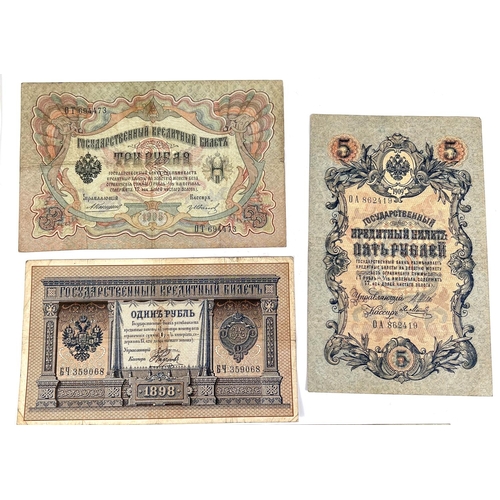 142 - Russian banknotes: 1 Rouble 1898, 3 Roubles 1905, 5 and 25 Roubles 1909 and 10000 Roubles 1919