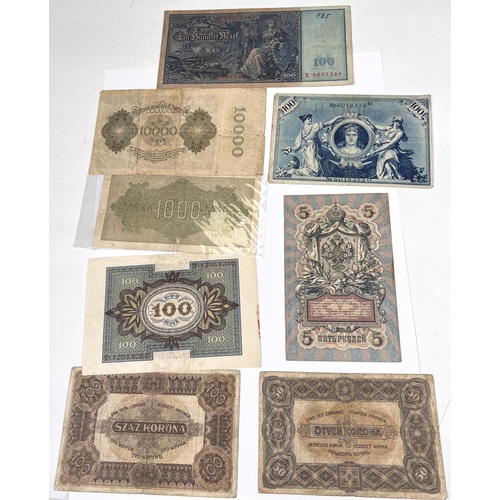 143 - A selection of European banknotes; Germany: 100 marks: 1908, 1910, 1920; 1000 marks 1920, 10000 mark... 