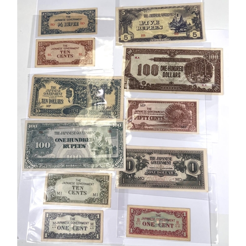 146 - Eleven WW2 period Japanese banknotes: 1 cent to 100 dollars and 1/4 rupee to 100 rupees