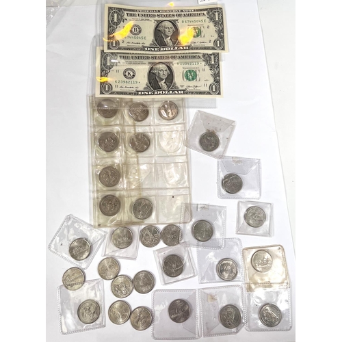 154 - A selection of US State quarters (29 coins) and 2 US $1 notes