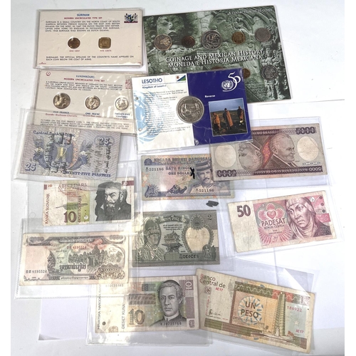 156 - Coin sets: Mexico, Luxembourg, Suriname and Lethoso; a selection of various foreign banknotes 