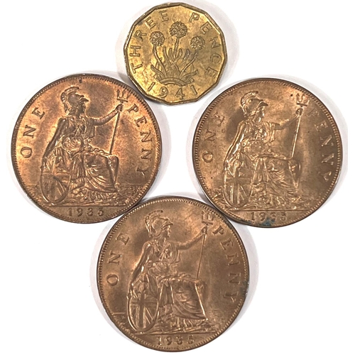 165 - Three lustrous 1935 GV pennies and a 1941 brass threepence 