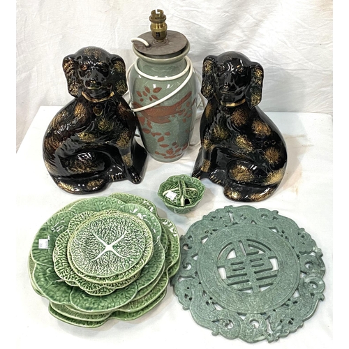 28A - A pair of black King Charles Spaniels (one cracked); a selection of Cabbage pottery; an oriental tab... 