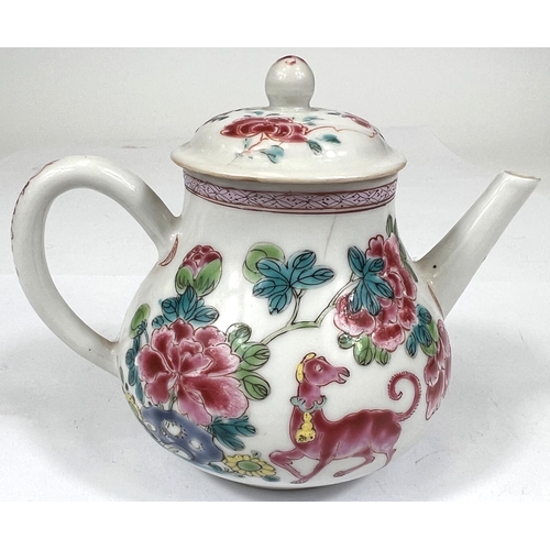 466 - A 19th century Chinese famille rose small teapot decorated with chrysanthemums; animals; etc., heigh... 