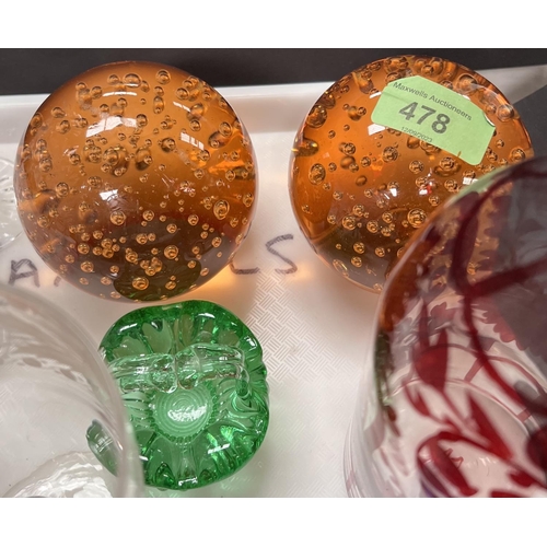 478 - Two orange bubble dumpy style paperweights and glassware