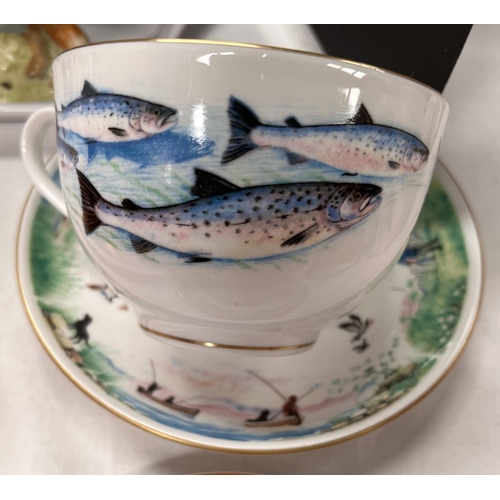 479 - A Royal Worcester V.J.P fishing large breakfast cup and saucer, and a pair of Royal Worcester soup b... 