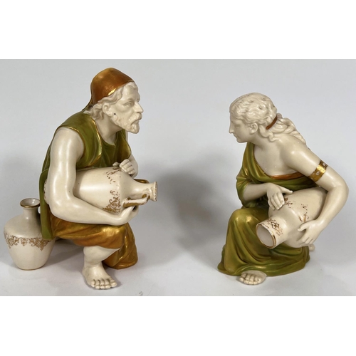 480 - A pair of Royal Worcester water carriers. male and female, holding amphorae, numbered 637, height 16... 