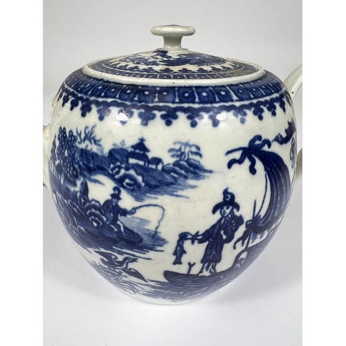 542 - A First Period Worcester blue & white teapot of ovoid form, decorated in the 'Fisherman & Co... 