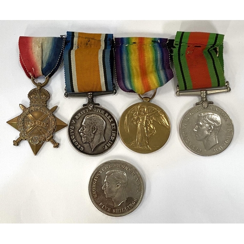 60 - A group of 4 WWI medals to 802 Peter L Hatton, Ches. R; a 1951 crown