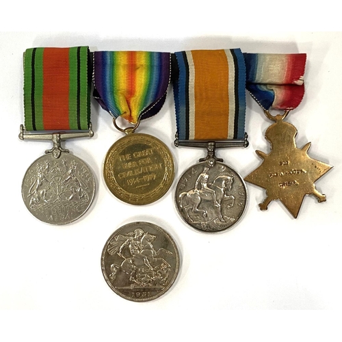 60 - A group of 4 WWI medals to 802 Peter L Hatton, Ches. R; a 1951 crown