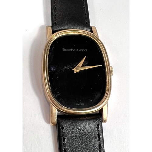 614 - BUECHE GIROD: a c.1906's manual watch with oval black dial and gold hands, case stamped 375, new str... 