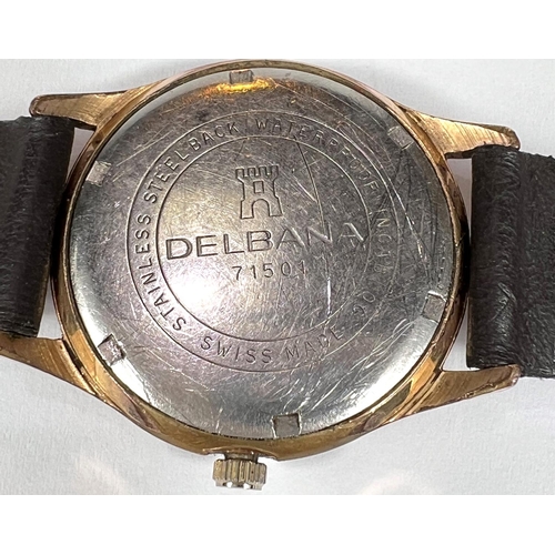 615 - DELBANA:a c.1965 Swiss manual watch with beige dial, gold hands and Arabic numerals and batons, ref ... 