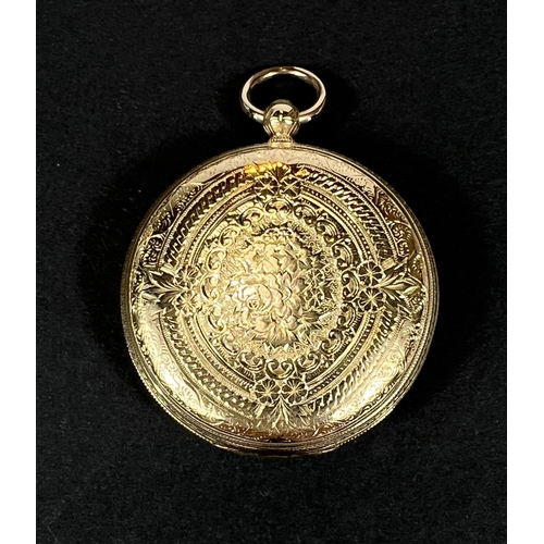 645 - An 18 carat hallmarked gold pocket watch, open faced and key wound, with floral chased decoration, i... 