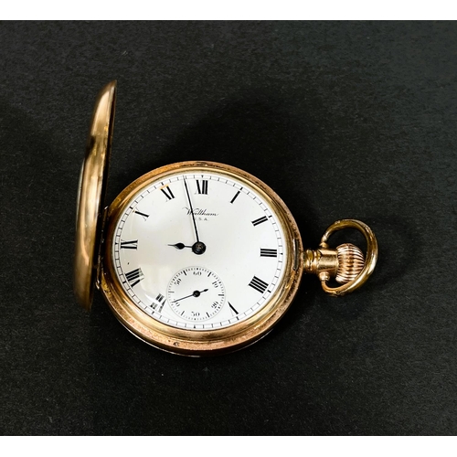 646 - A keyless half hunter pocket watch in monogrammed gold plated case, by Waltham