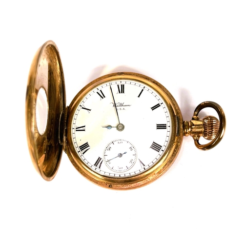 646 - A keyless half hunter pocket watch in monogrammed gold plated case, by Waltham