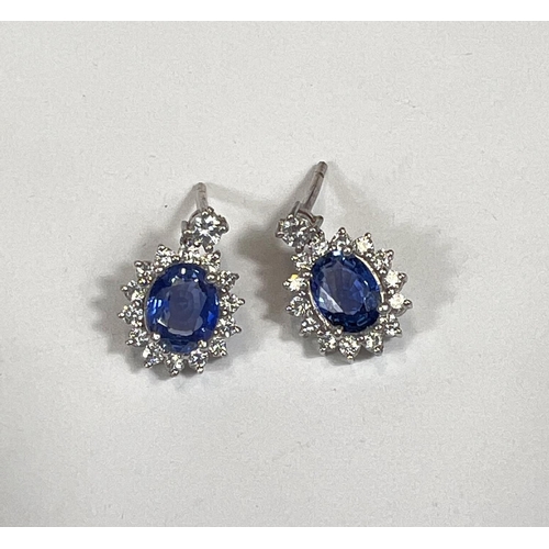 669 - A pair of sapphire and diamond earrings, large sapphire central stones surrounded by diamonds 18k