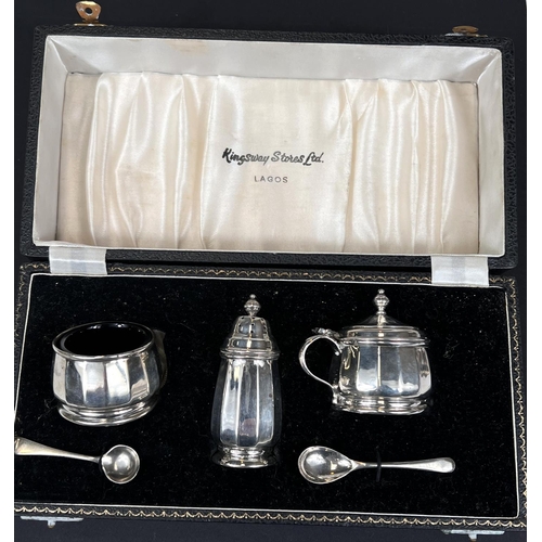 671 - A hallmarked silver 3 piece cruet set, boxed, Birmingham 1957, 2oz (mustard hinge a.f.); a Georgian ... 